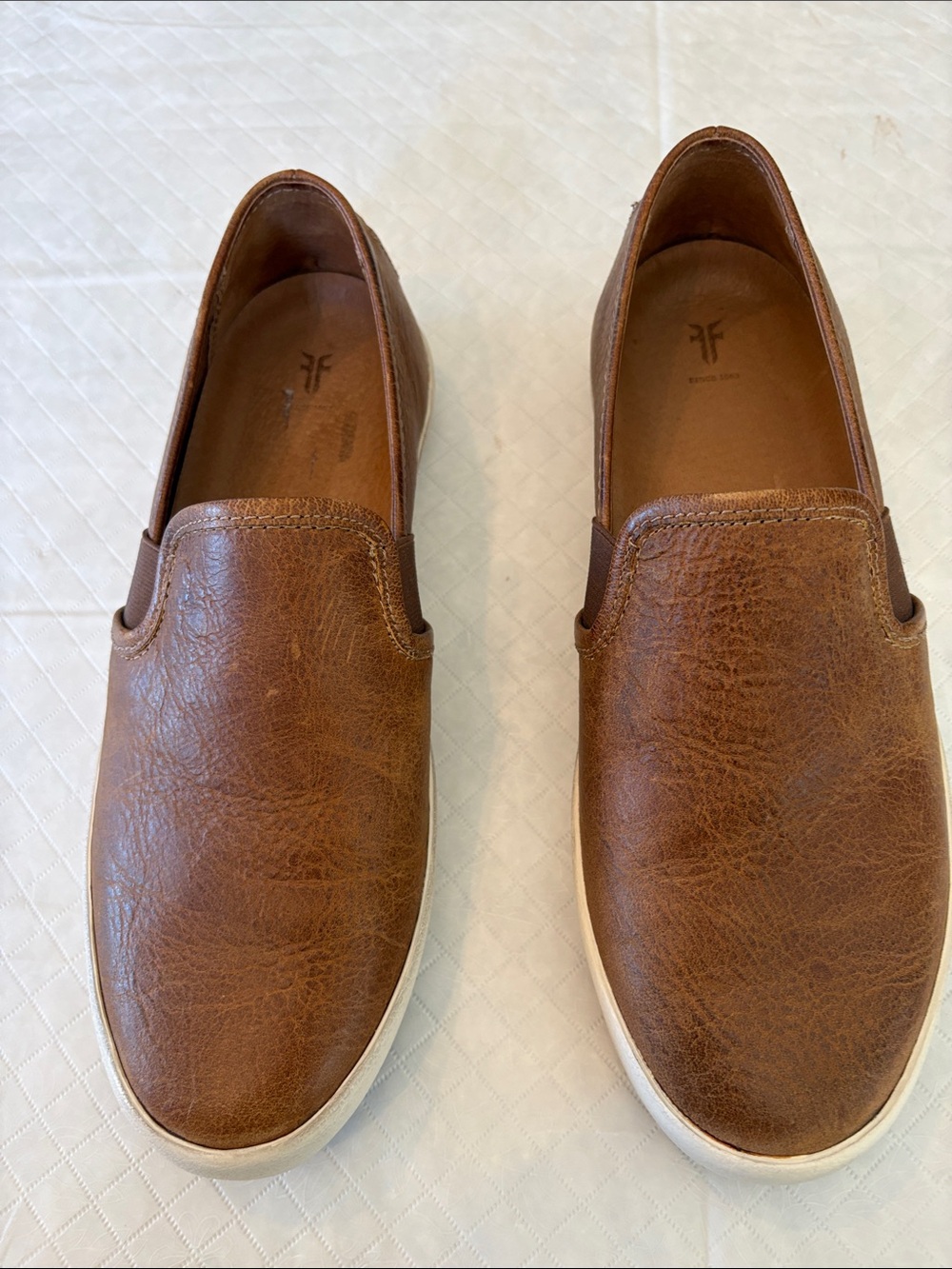 Frye Brown Leather Slip-On Loafers with White Sole